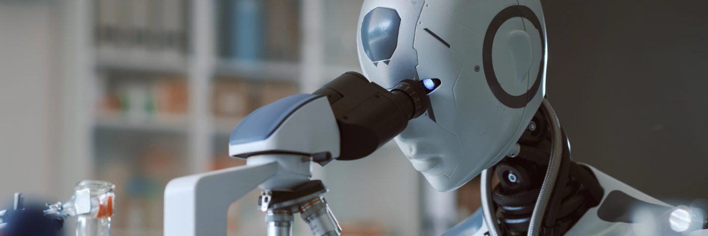 AI robot using a microscope in the scientific laboratory: artificial intelligence and research concept