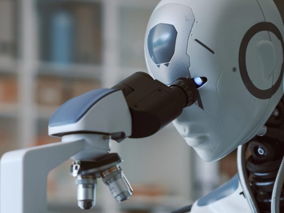 AI robot using a microscope in the scientific laboratory: artificial intelligence and research concept