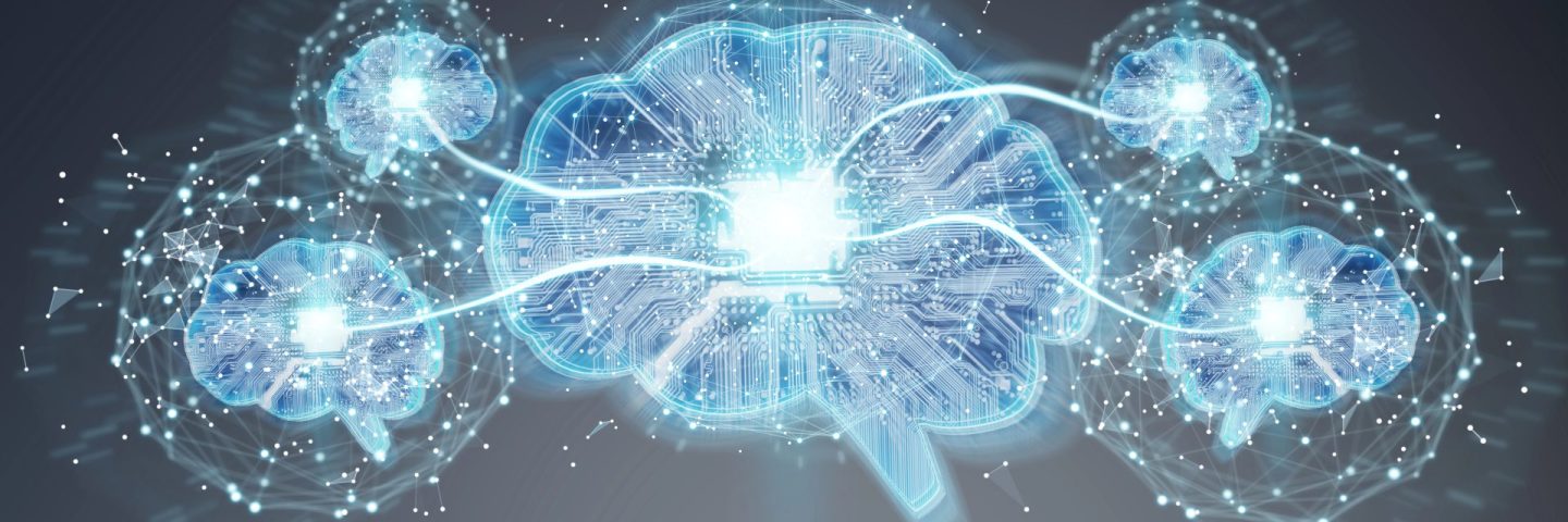 Artificial intelligence in a digital brain on grey background 3D rendering