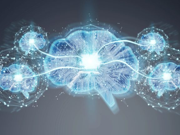 Artificial intelligence in a digital brain on grey background 3D rendering