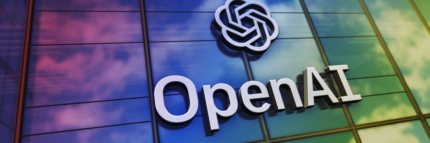 San Francisco, USA, February 15, 2023: OpenAI headquarters glass building concept. ChatGPT artificial intelligence company symbol on front facade 3d illustration.