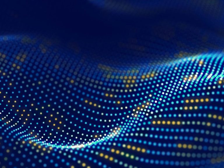 Big data stream. Information technology background. The dynamic wave background consisting of points. 3d rendering