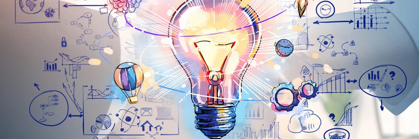 Businessman and businesswoman shaking hands and lightbulb drawing with circuit of network connection, icons of communication and analysis. Concept of business deal and agreement