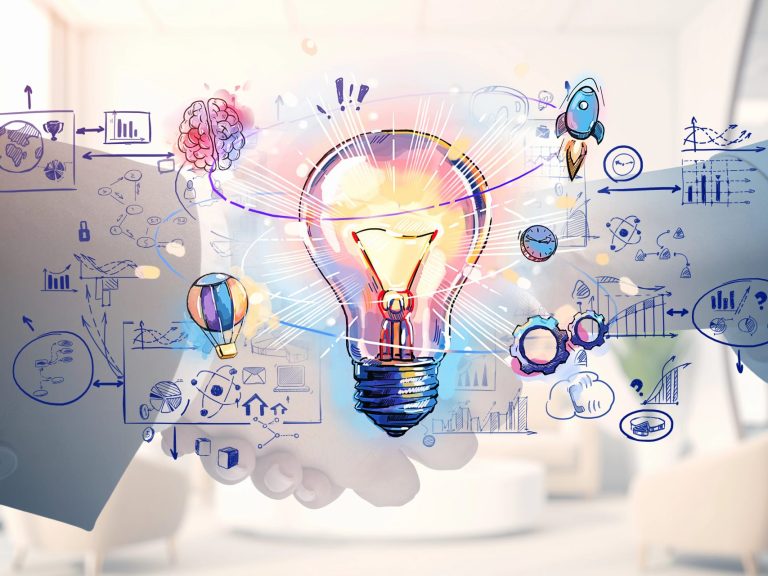 Businessman and businesswoman shaking hands and lightbulb drawing with circuit of network connection, icons of communication and analysis. Concept of business deal and agreement