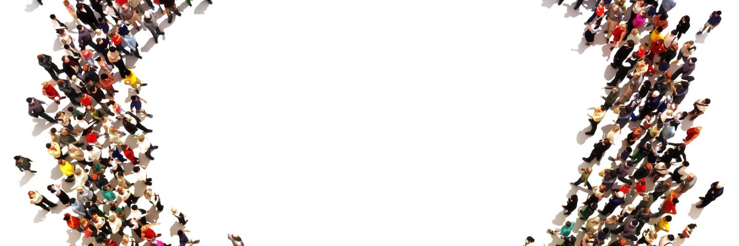 Large crowd of people moving toward the center forming a circle with room for text or copy space advertisement on a white background.