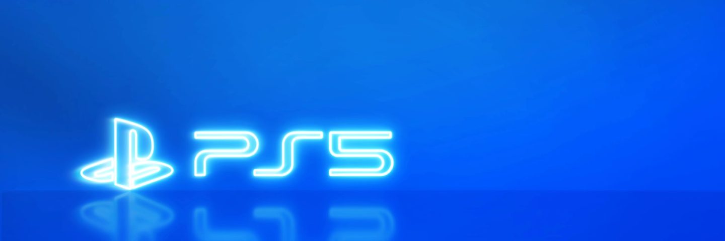 Madrid, Spain - February 02, 2021: Play Station 5 logo in neon with space for text and graphics, ps5. Blue background.