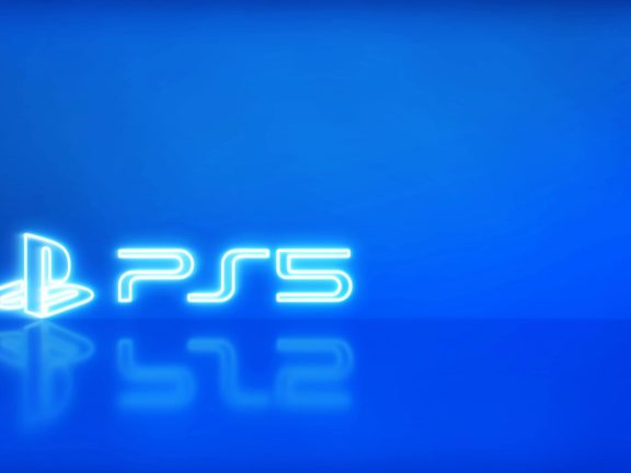 Madrid, Spain - February 02, 2021: Play Station 5 logo in neon with space for text and graphics, ps5. Blue background.