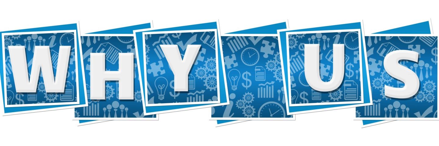 Why us text written over blue background.