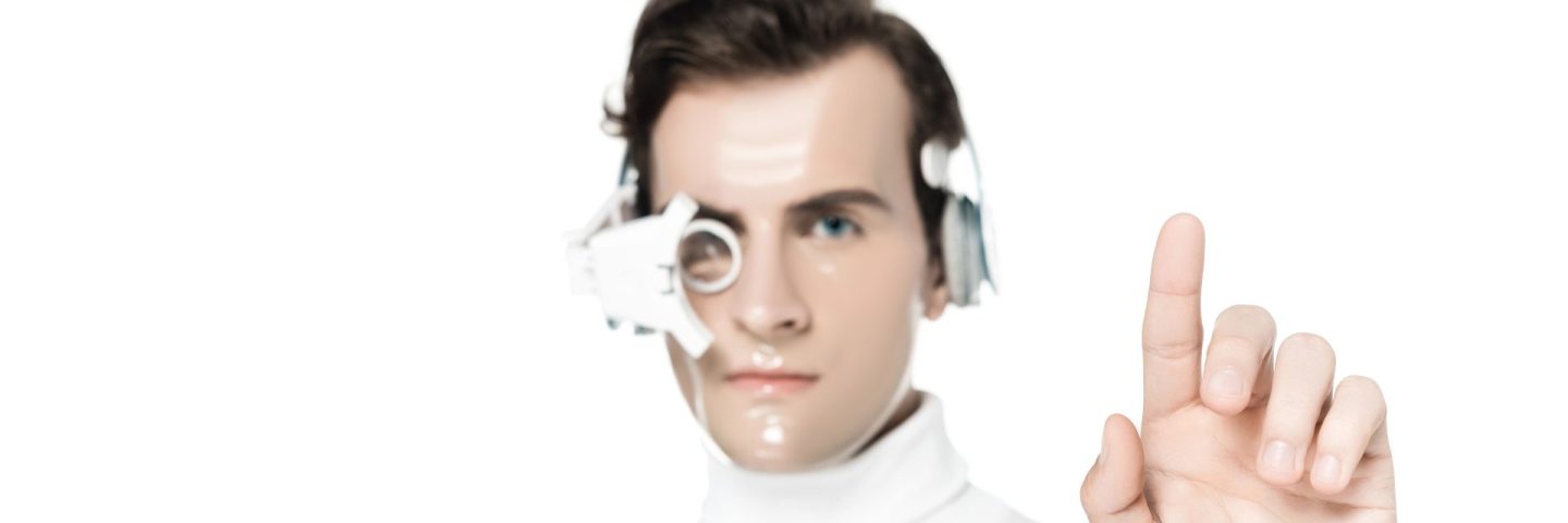 Cyborg in digital eye lens and headphones on blurred background pointing with finger isolated on white