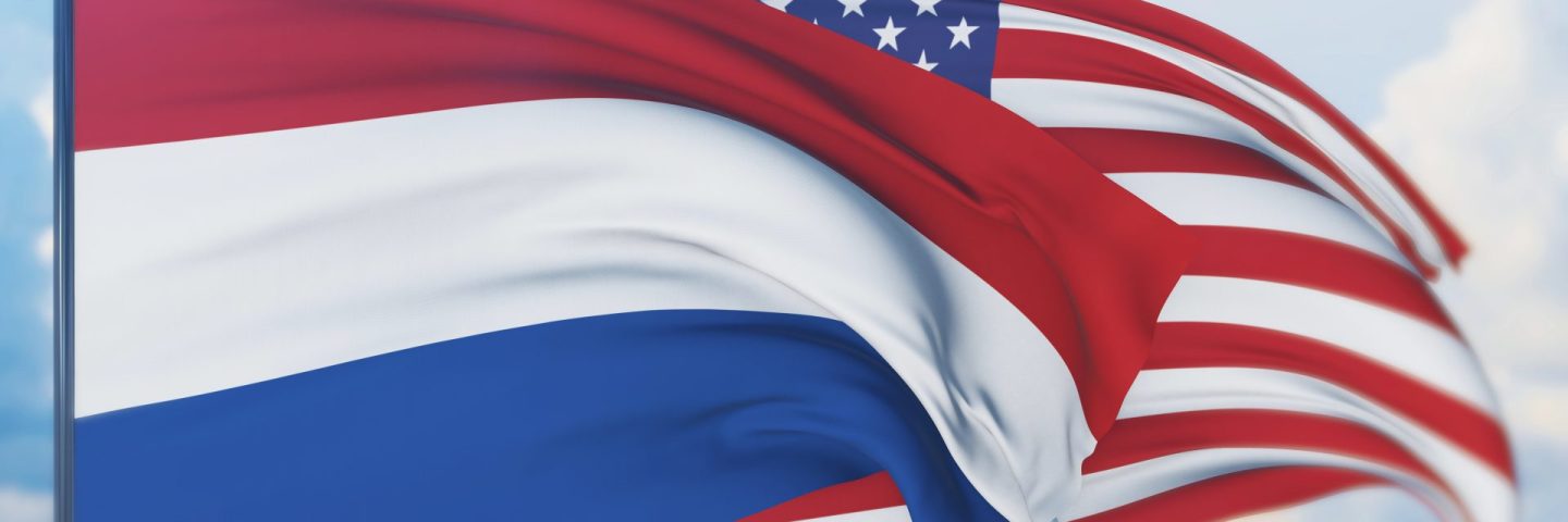 Waving American flag and flag of Netherlands. Closeup view, 3D illustration.