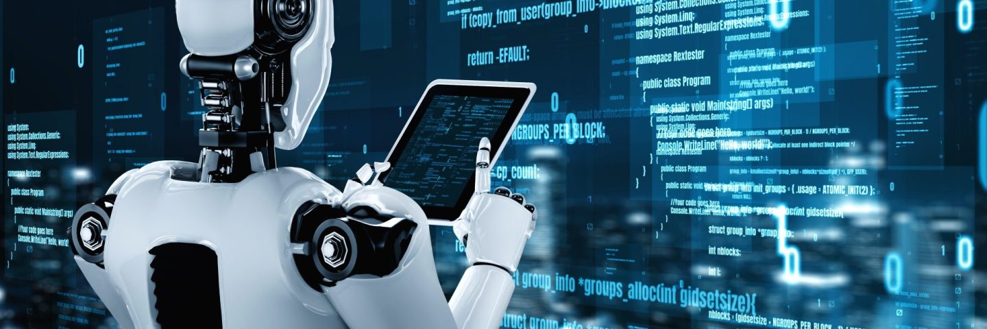 Futuristic robot artificial intelligence huminoid AI programming coding technology development and machine learning concept. Robotic bionic science research for future of human life. 3D rendering.