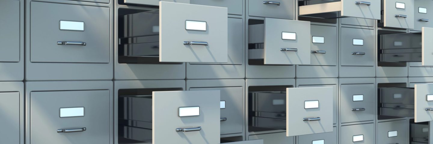 Data archive storage. Gray filing cabinets with open drawers background. Office document data, bureaucracy and business administration concept. 3d illustration