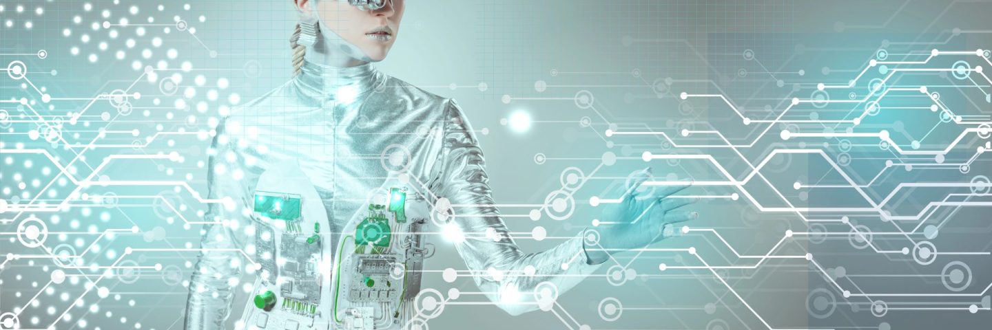 silver robotic woman touching digital data with hand on grey, future technology concept