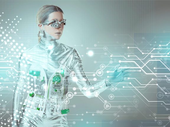 silver robotic woman touching digital data with hand on grey, future technology concept