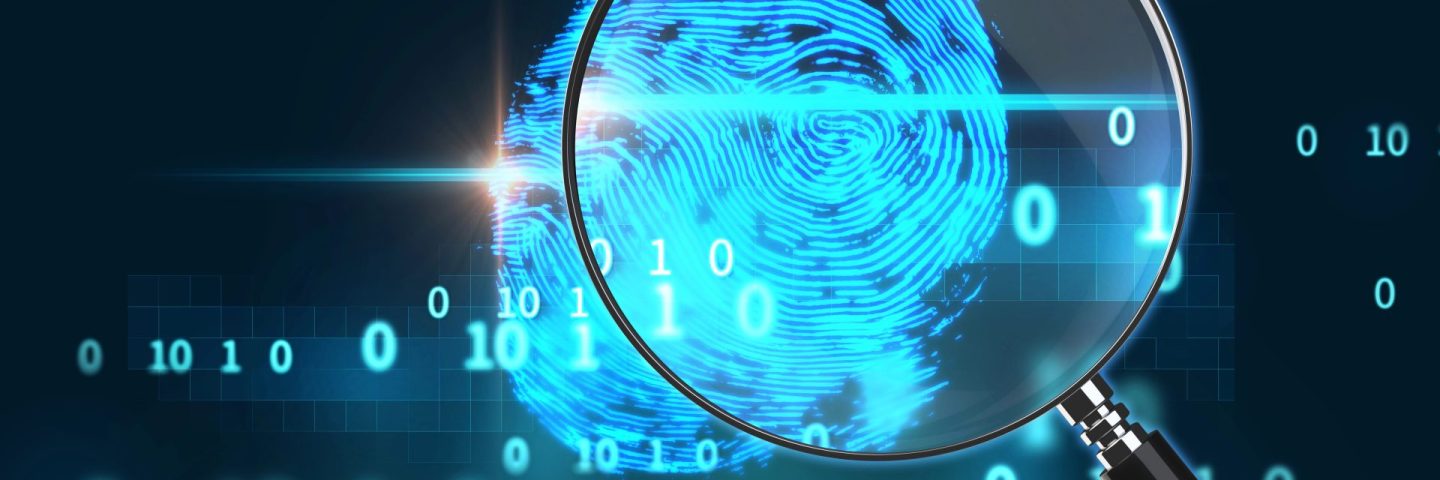 3d rendering of Magnifying Glass on digital fingerprint image, concept of cyber criminal,Biometric