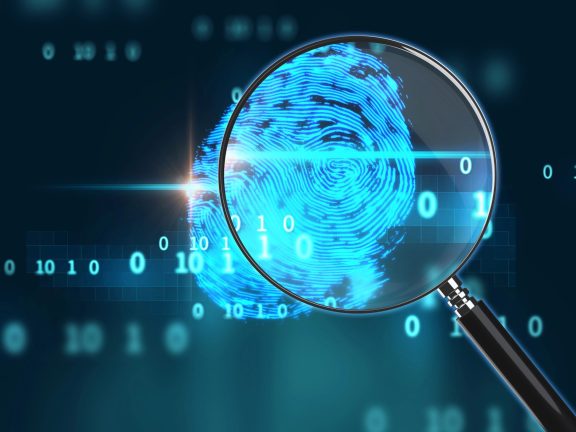 3d rendering of Magnifying Glass on digital fingerprint image, concept of cyber criminal,Biometric