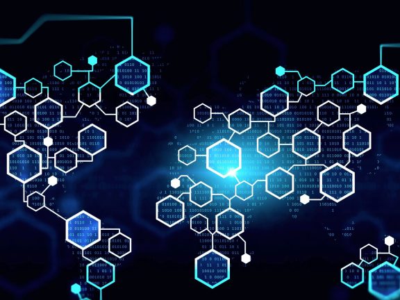 Blockchain hologram illustration. Concept of cryptocurrency and digital money. 3d rendering