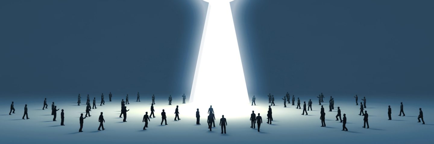 walking into a gate shaped like a keyhole