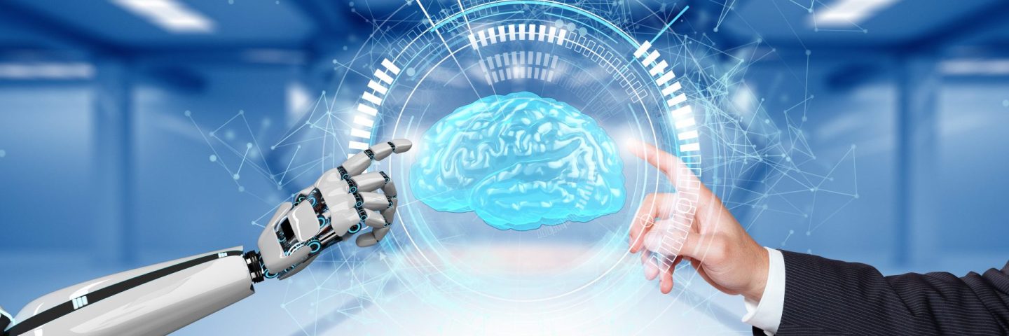 Businessman Robot Hands Brain Hologram HUD Network