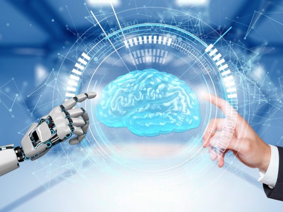 Businessman Robot Hands Brain Hologram HUD Network