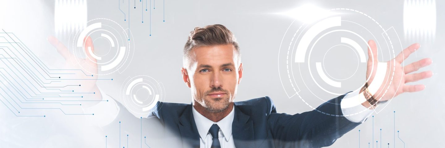 handsome businessman holding innovation technology isolated on white, artificial intelligence concept