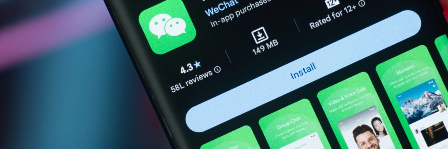 Dhaka, Bangladesh 07 Dec 2025:WeChat logo on screen. WeChat is a Chinese app that combines messaging, social media, payment, and content sharing.