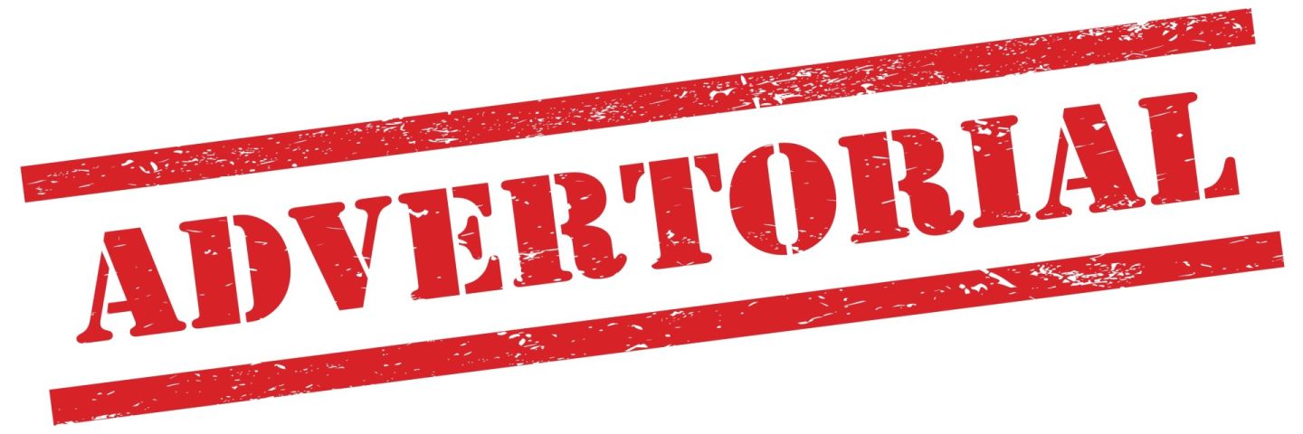 ADVERTORIAL text on red grungy rectangle stamp.