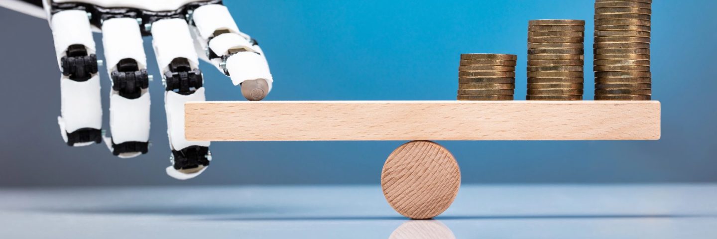 Robot Balancing Stacked Coins With Finger On Wooden Seesaw Against Blue Background