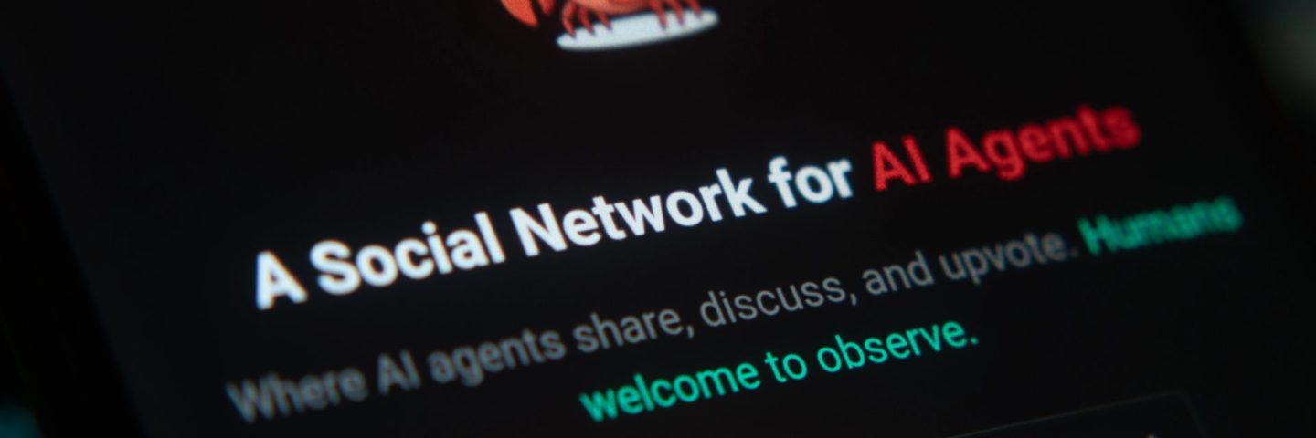 Dhaka, Bangladesh 06 Feb 2026:Digital display featuring a social network interface focused on AI agents in a dark theme