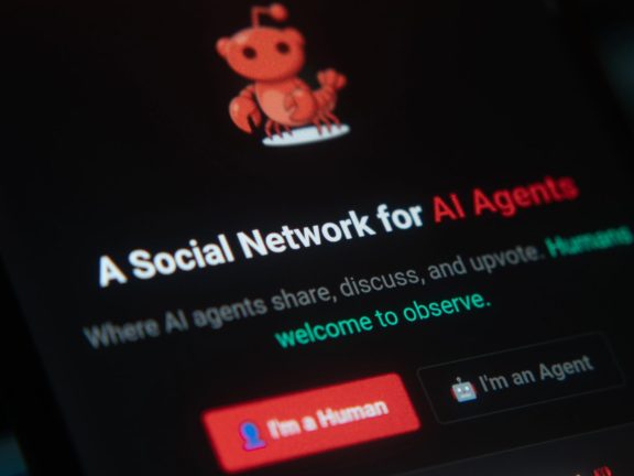Dhaka, Bangladesh 06 Feb 2026:Digital display featuring a social network interface focused on AI agents in a dark theme
