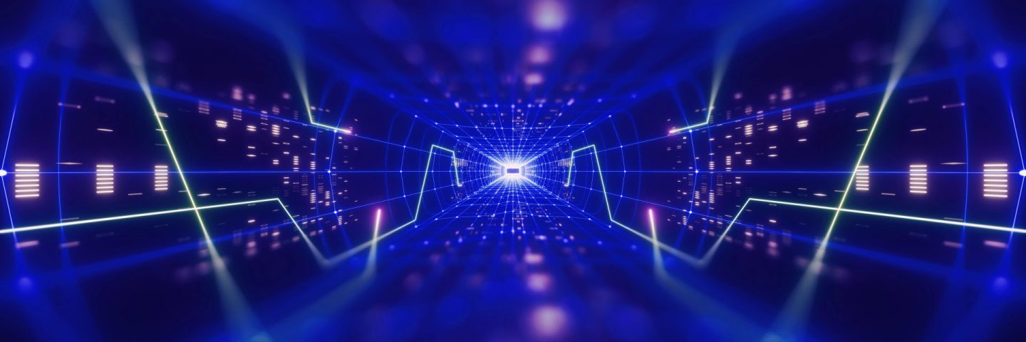 3d render, colorful neon virtual reality tunnel, abstract geometric background. Virtual data with neon blue lines and dots. Player begins the VR game. VR experience. View with depth of field.