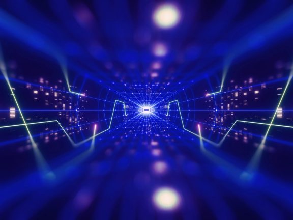 3d render, colorful neon virtual reality tunnel, abstract geometric background. Virtual data with neon blue lines and dots. Player begins the VR game. VR experience. View with depth of field.