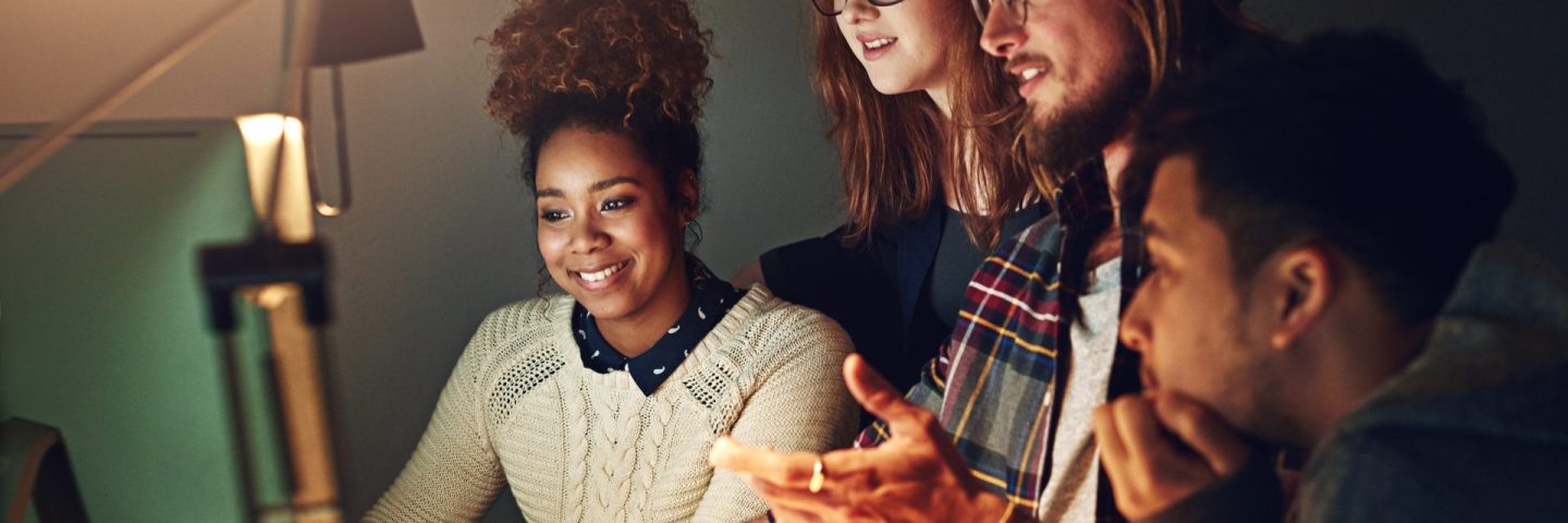 Computer, office collaboration or night team programming ERP software, cybersecurity system or programmer code. App data science, ai developer or diversity teamwork on coding cloud computing database.