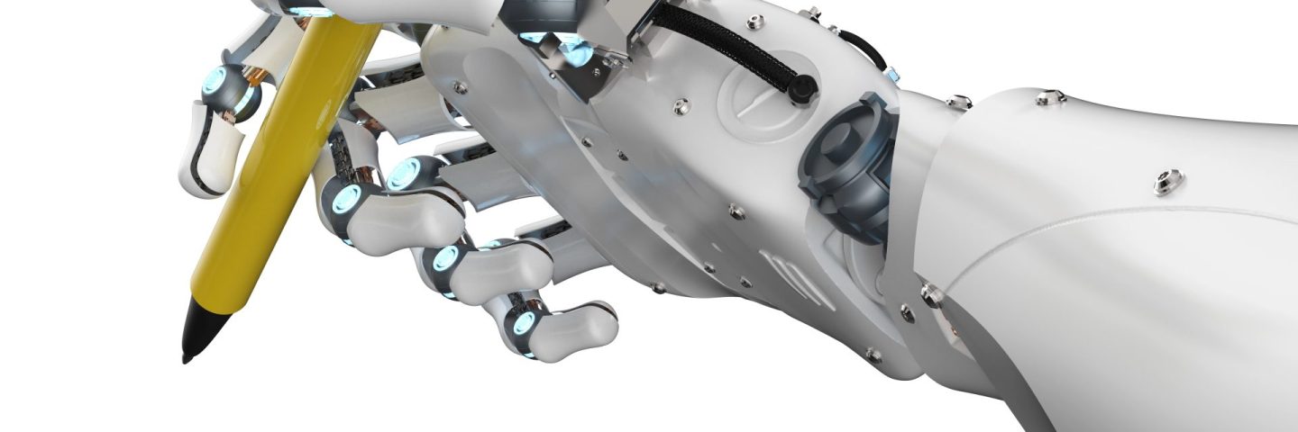 Ai art generator with 3d rendering robot writing assistant or essay generator hand hold pen