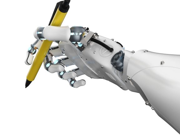 Ai art generator with 3d rendering robot writing assistant or essay generator hand hold pen