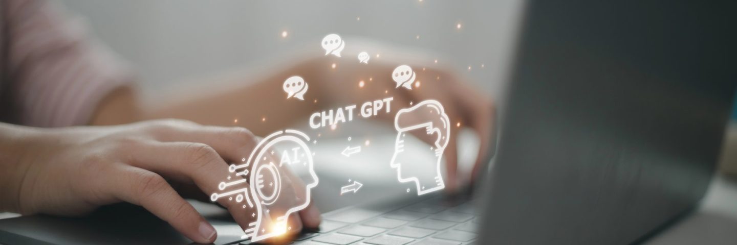 ChatGPT Chat with AI or Artificial Intelligence. woman chatting with a smart AI or artificial intelligence using an artificial intelligence chatbot developed by OpenAI.