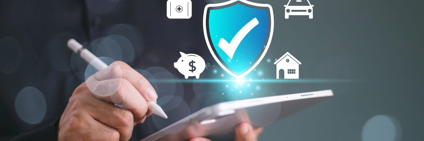 Insurance online agent concept, life solution, family, health, and financial technology. Businessman use tablet write insurance and assurance icon, real estate, car and finance for risk management.