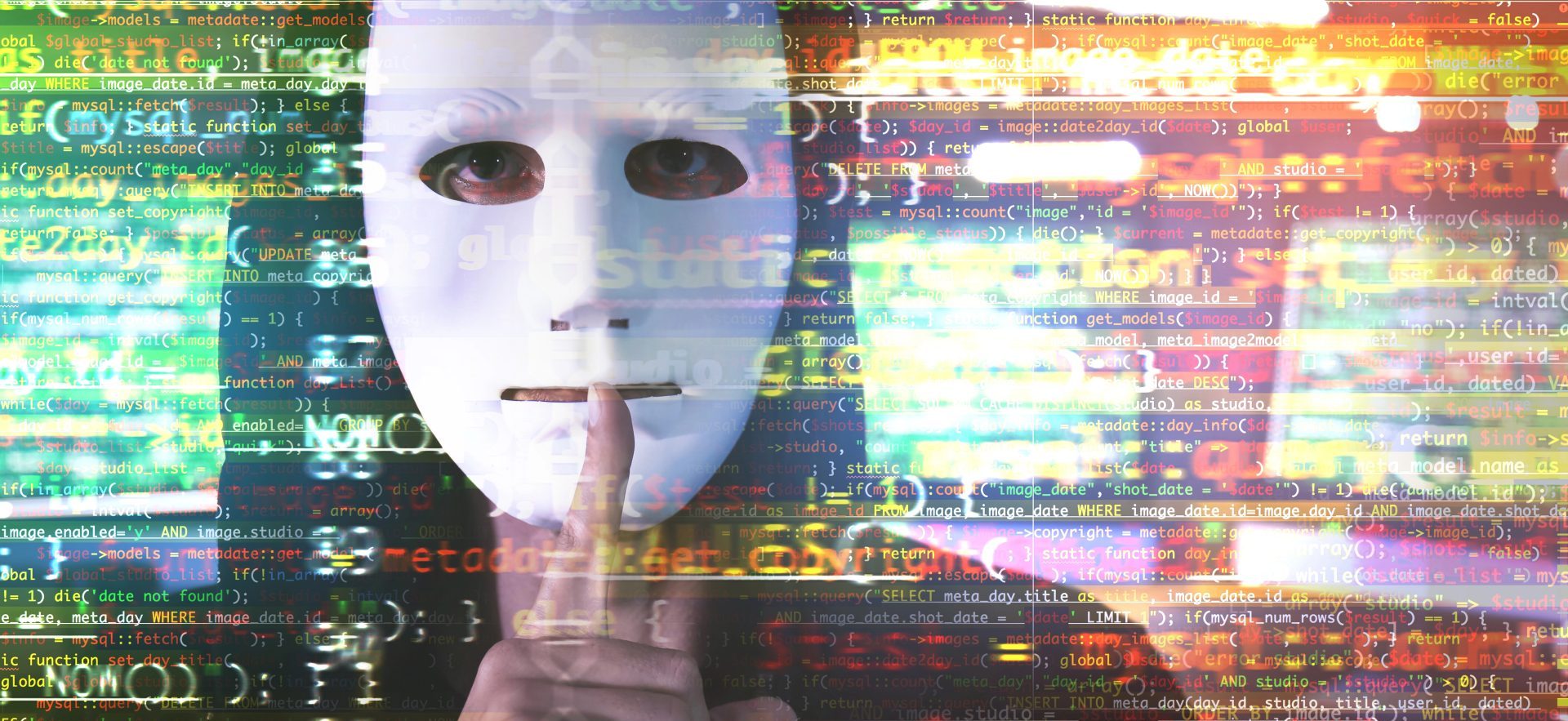 Hacker in mask showing silence gesture and code on blurred background. Concept of cyber attack and security