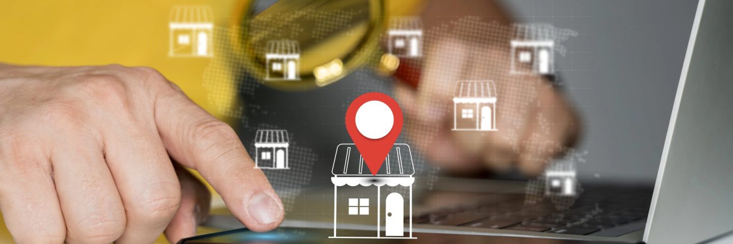 Local marketplace e-commerce concept, local seo strategy, local search optimization, small business and retail. Businessman use laptop with local marketplace icons on virtual screen.