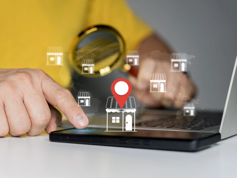 Local marketplace e-commerce concept, local seo strategy, local search optimization, small business and retail. Businessman use laptop with local marketplace icons on virtual screen.
