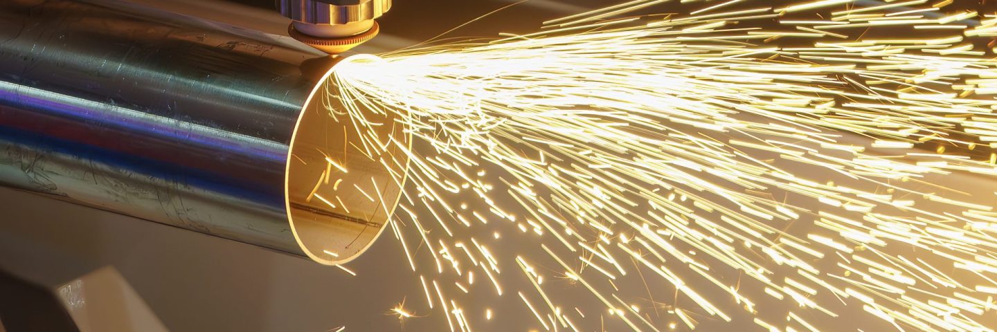 Close up scene the fiber laser cutting machine cut the stainless steel tube and sparkling light. The hi-technology sheet metal manufacturing process by laser cutting machine.